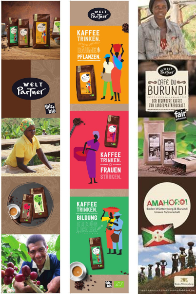 Drei verschiedene Stoffbanner der Fairhandelgenossenschaft WeltPartner