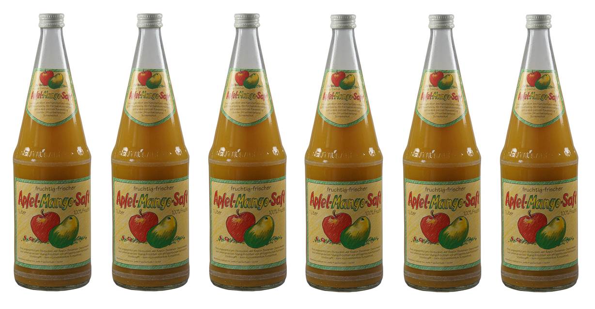 Sechs Flaschen Apfel-Mango-Saft der Fairhandelgenossenschaft WeltPartner
