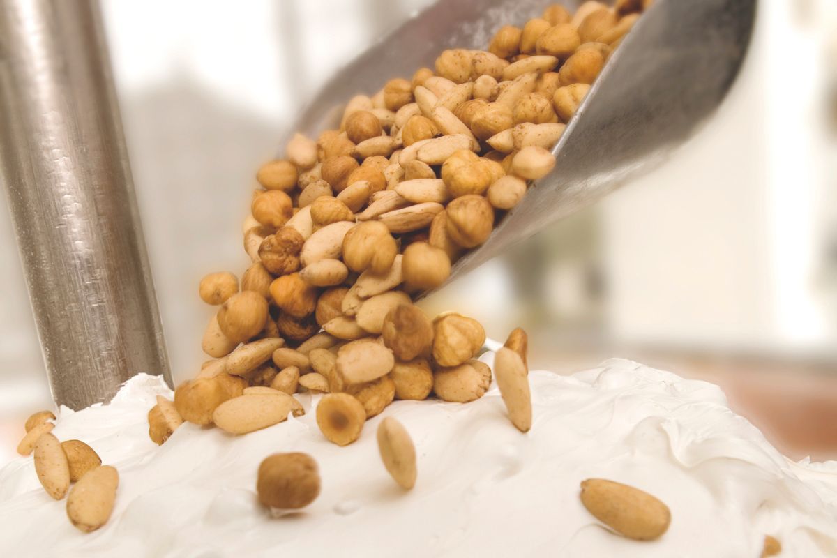 Vier lächelnde Mitarbeiter in der Schokoladenmanufaktur